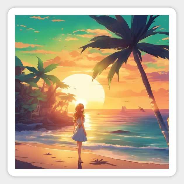 Hot Anime Girl Dream Sunset with Coconut Tree Magnet by animegirlnft